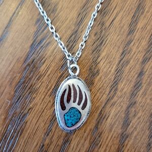 Turquoise and Ruby Coral Bear Paw Pendant Necklace